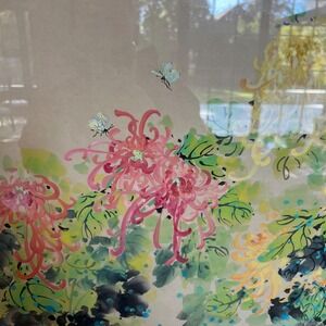 Stunning original Asian‎ watercolor painting of flowers and butterflies